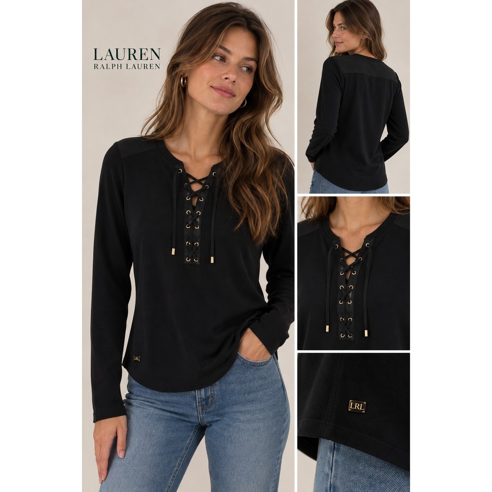 Lauren Ralph Lauren Top Women XS Black Lace Up Satin Trim Long Sleeve Equestrian